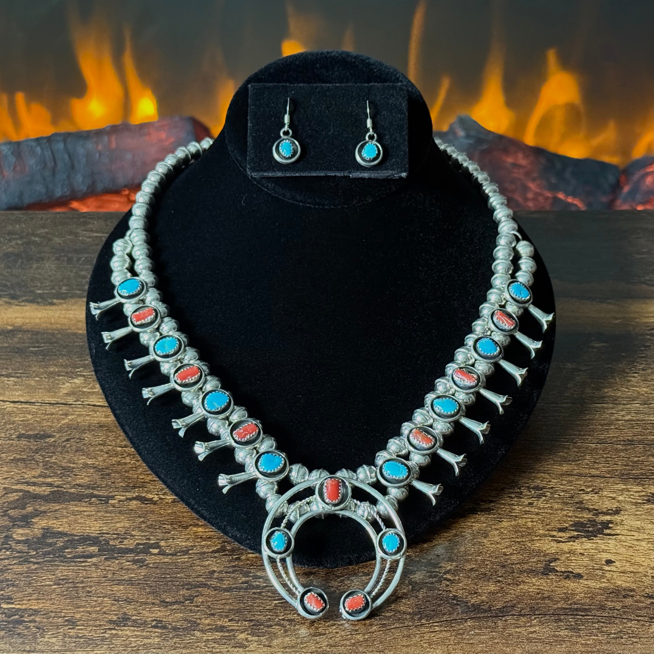 Navajo Phil & Lenora Garcia Turquoise Red Coral 19 Stone Sterling Squash Blossom Earrings Set