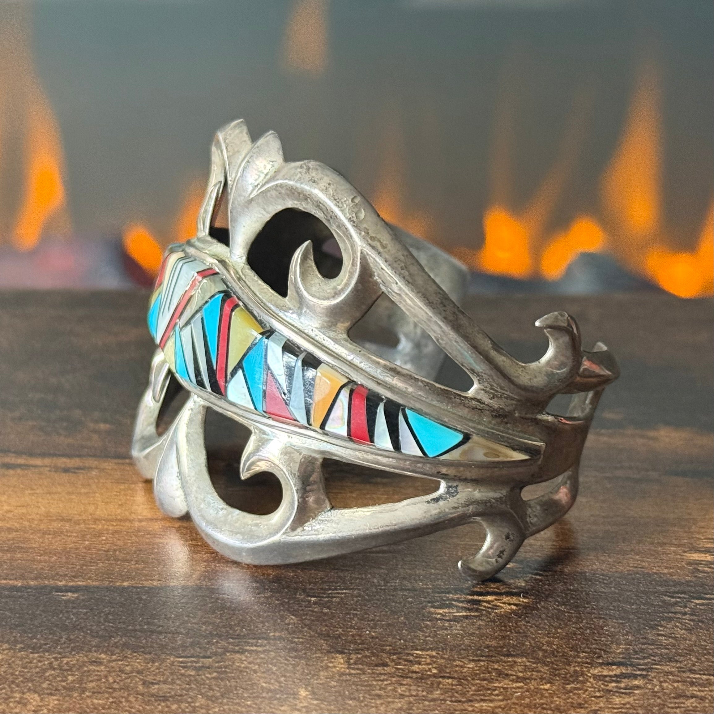 Vintage Abalone MOP Block Turquoise & Red Coral Sterling Sandcast Inlay Cuff