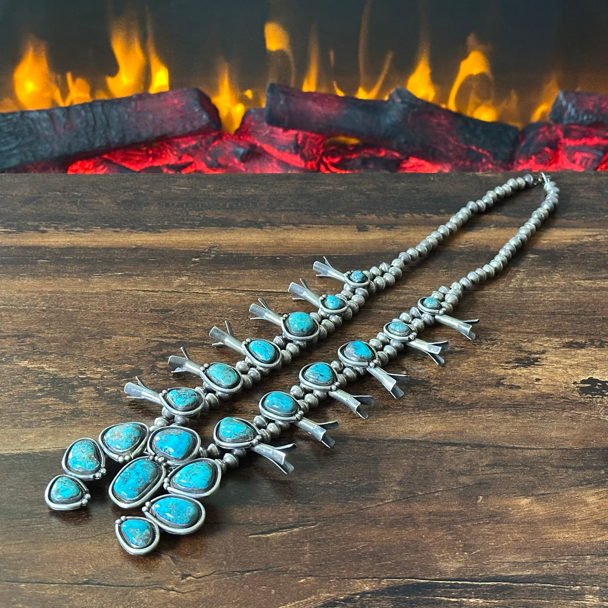 1960-70s Turquoise 18 Stone Sterling Handmade Bead Twist Wire Squash Blossom