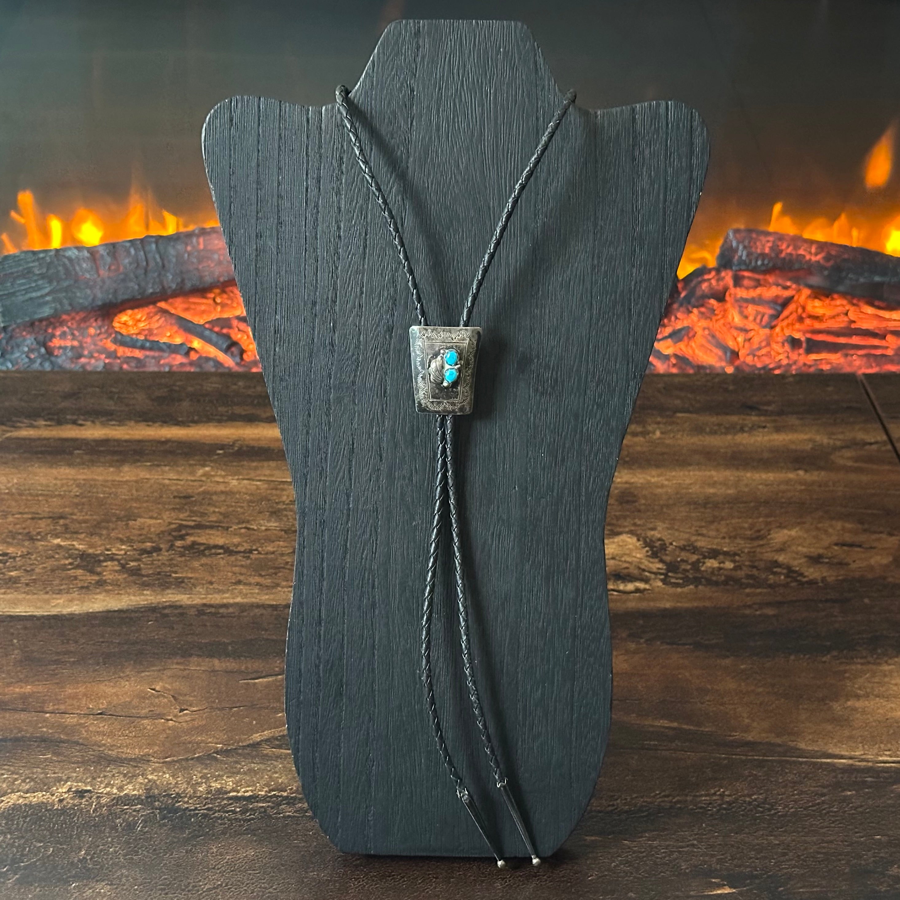 Spencer Signed Turquoise Sterling Hand Stamped Vintage Bolo Tie