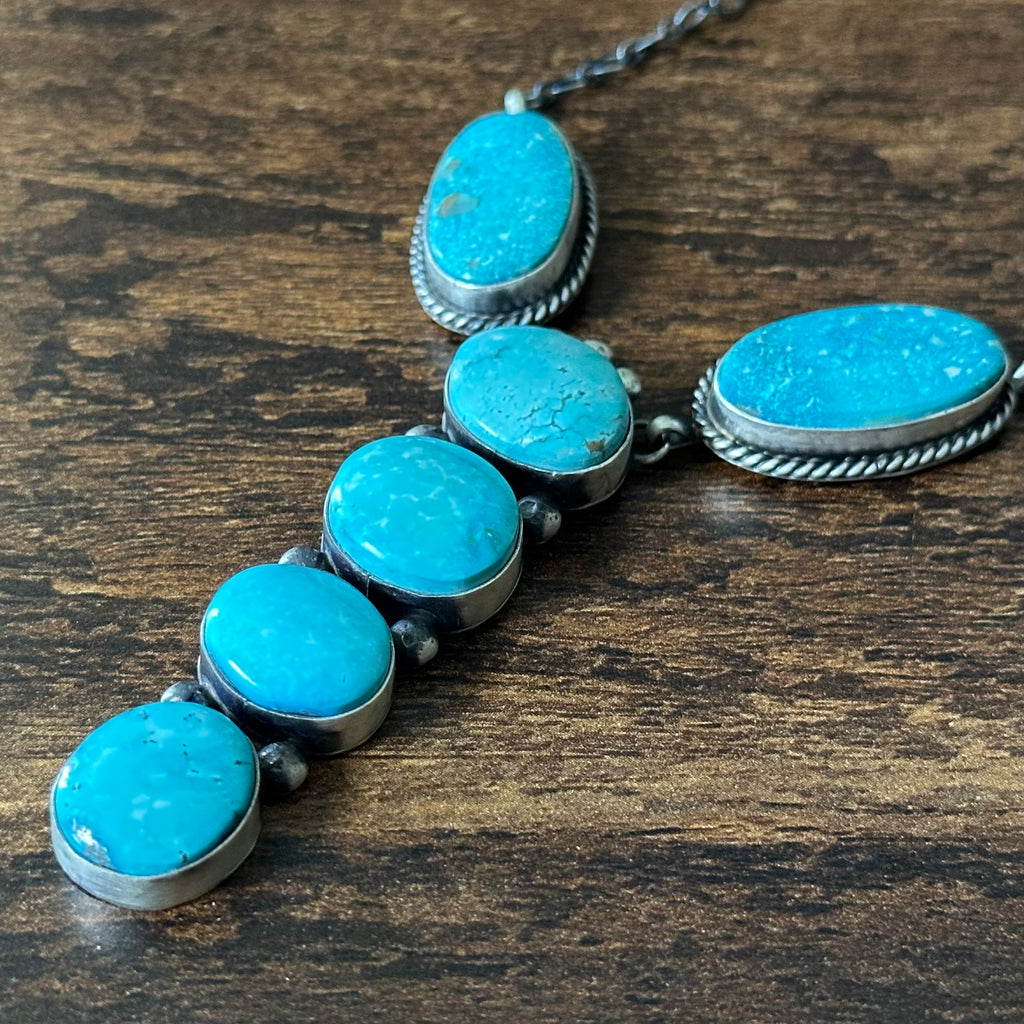 Navajo Eli Skeets Turquoise 6 Stone Sterling Raindrop Lariat Necklace