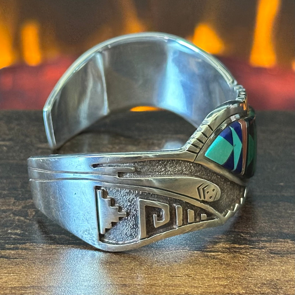 Navajo Calvin Begay Turquoise Malachite Onyx Lapis Red Coral Sterling Overlay Geometric Inlay Cuff