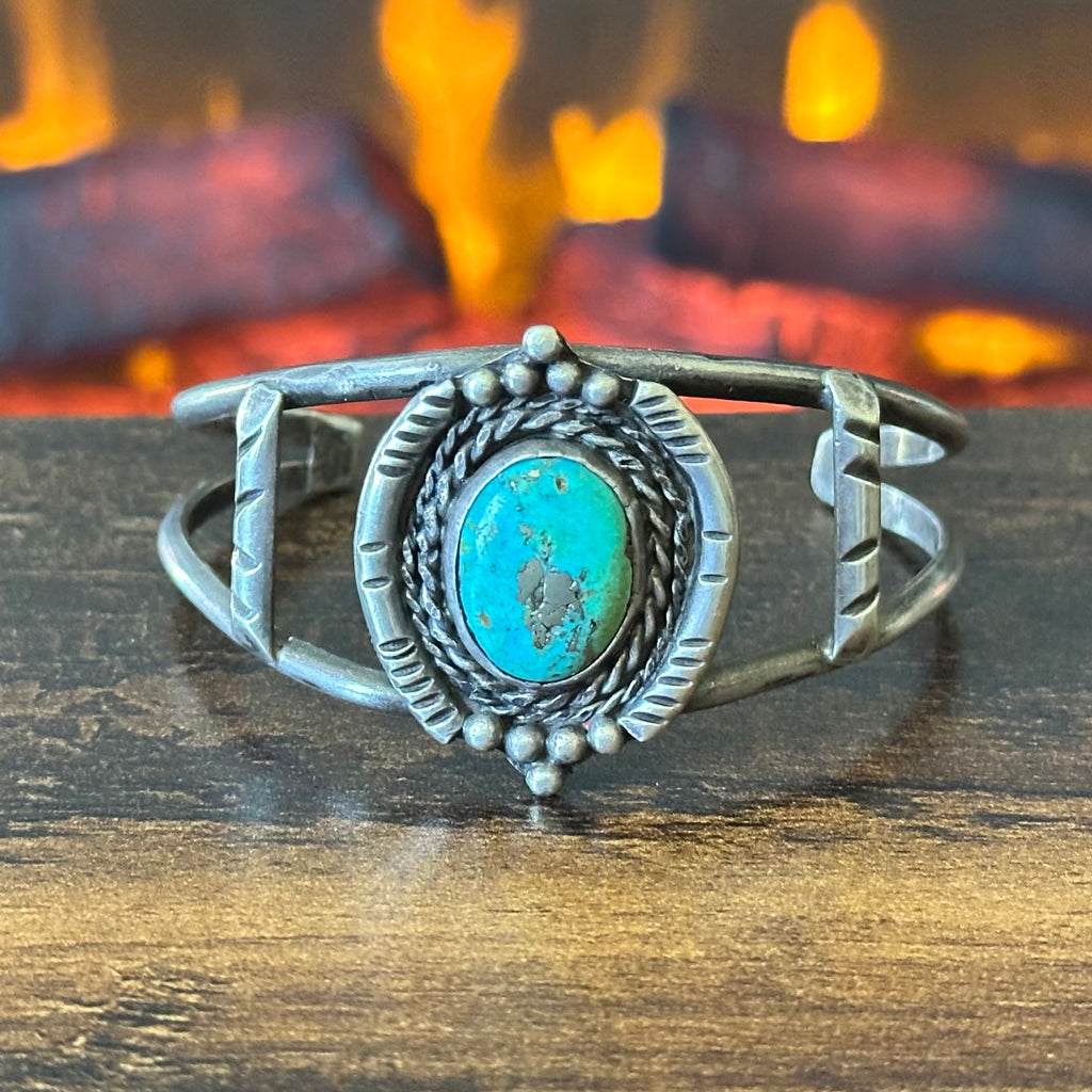Turquoise Sterling Dual Twist Wire Bezel Hand Stamped Raindrop Cuff
