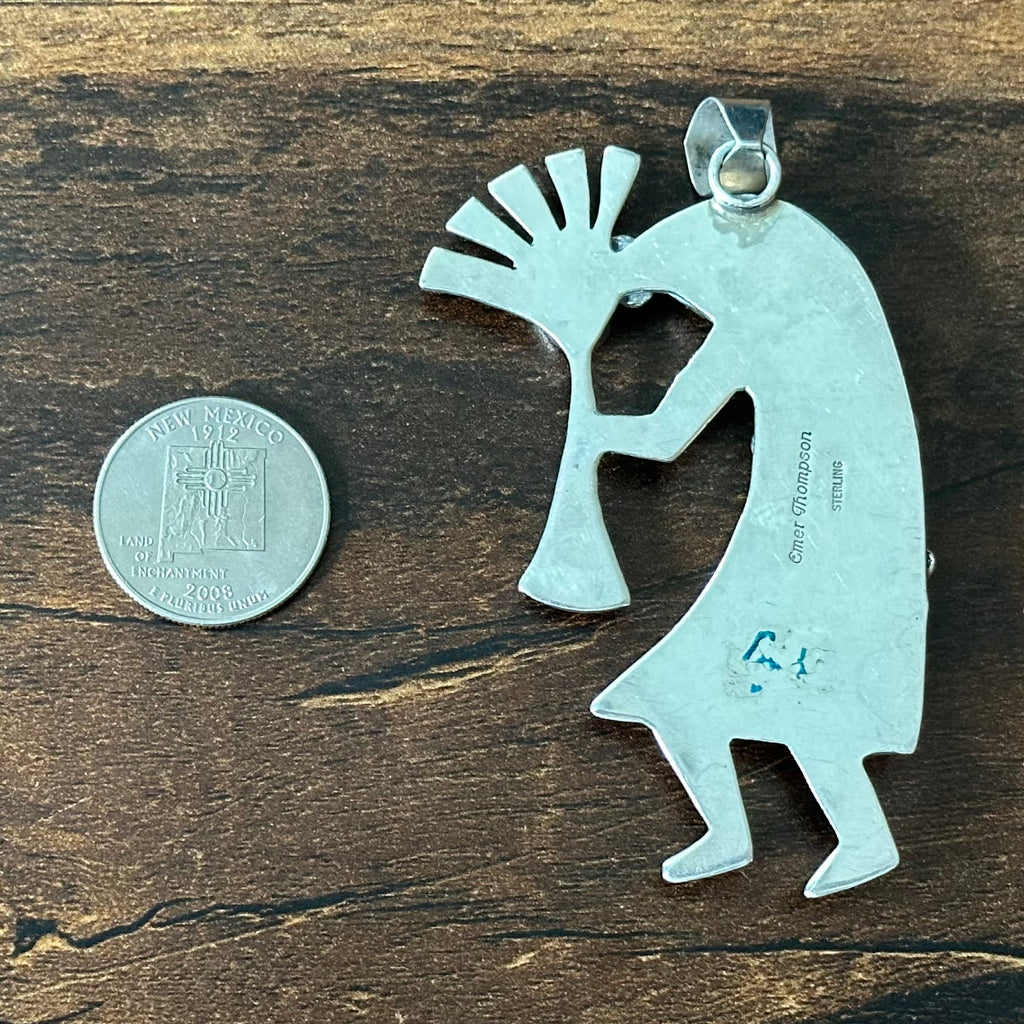 Navajo Emer Thompson Turquoise Denim Lapis Amber Onyx Coral 6 Stone Sterling Kokopelli Pendant