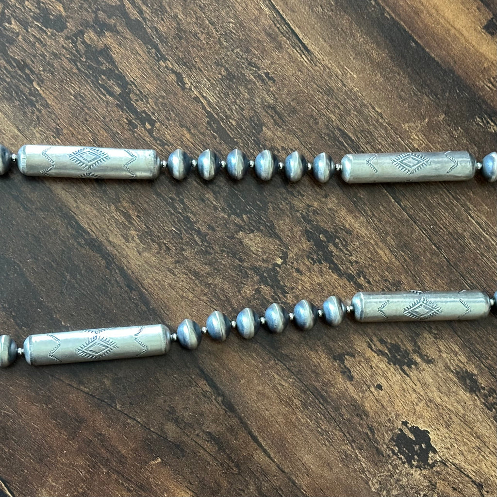 Navajo Sharon Cooley Sterling Handmade Stamped Cylinder Bead Necklace Earrings Set