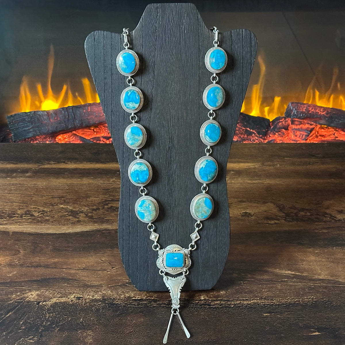 Turquoise 11 Stone Sterling Hand Stamped Lariat Statement Necklace