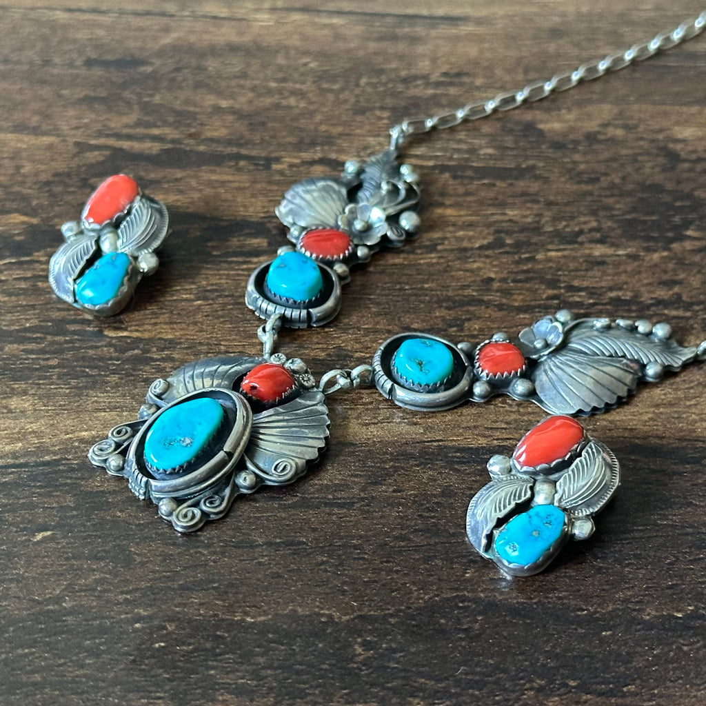 G Signed Turquoise Red Coral 6 Stone Sterling Floral Leaf Ornate Necklace Clip-on Earrings Set
