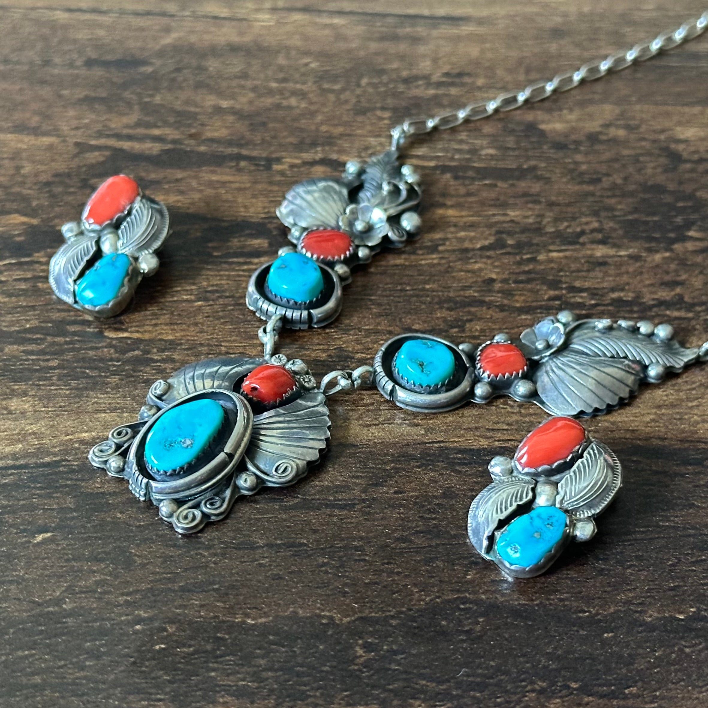G Signed Turquoise Red Coral 6 Stone Sterling Floral Leaf Ornate Necklace Clip-on Earrings Set