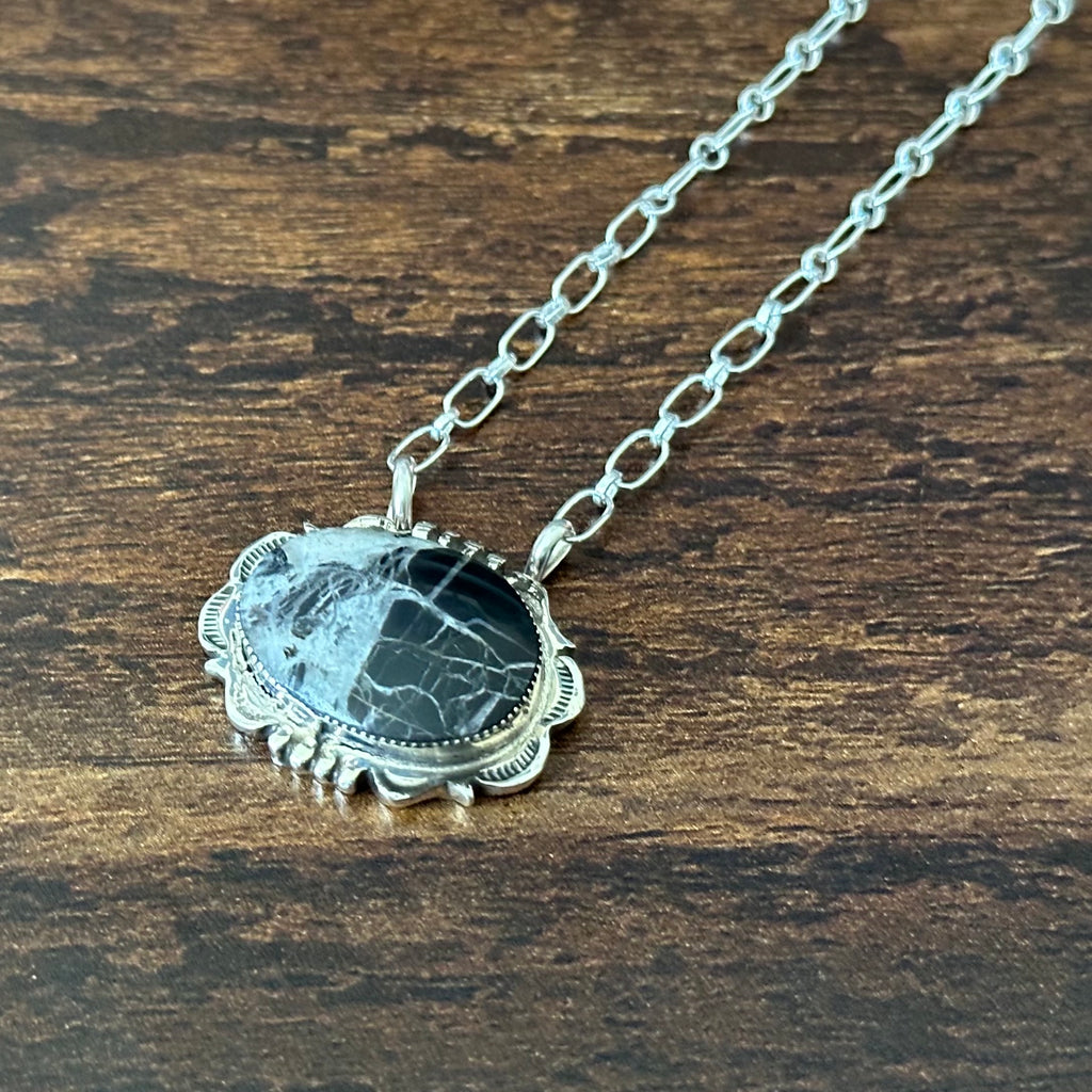 Navajo Leroy Silversmith White Buffalo Sterling Hand Stamped Pendant Necklace