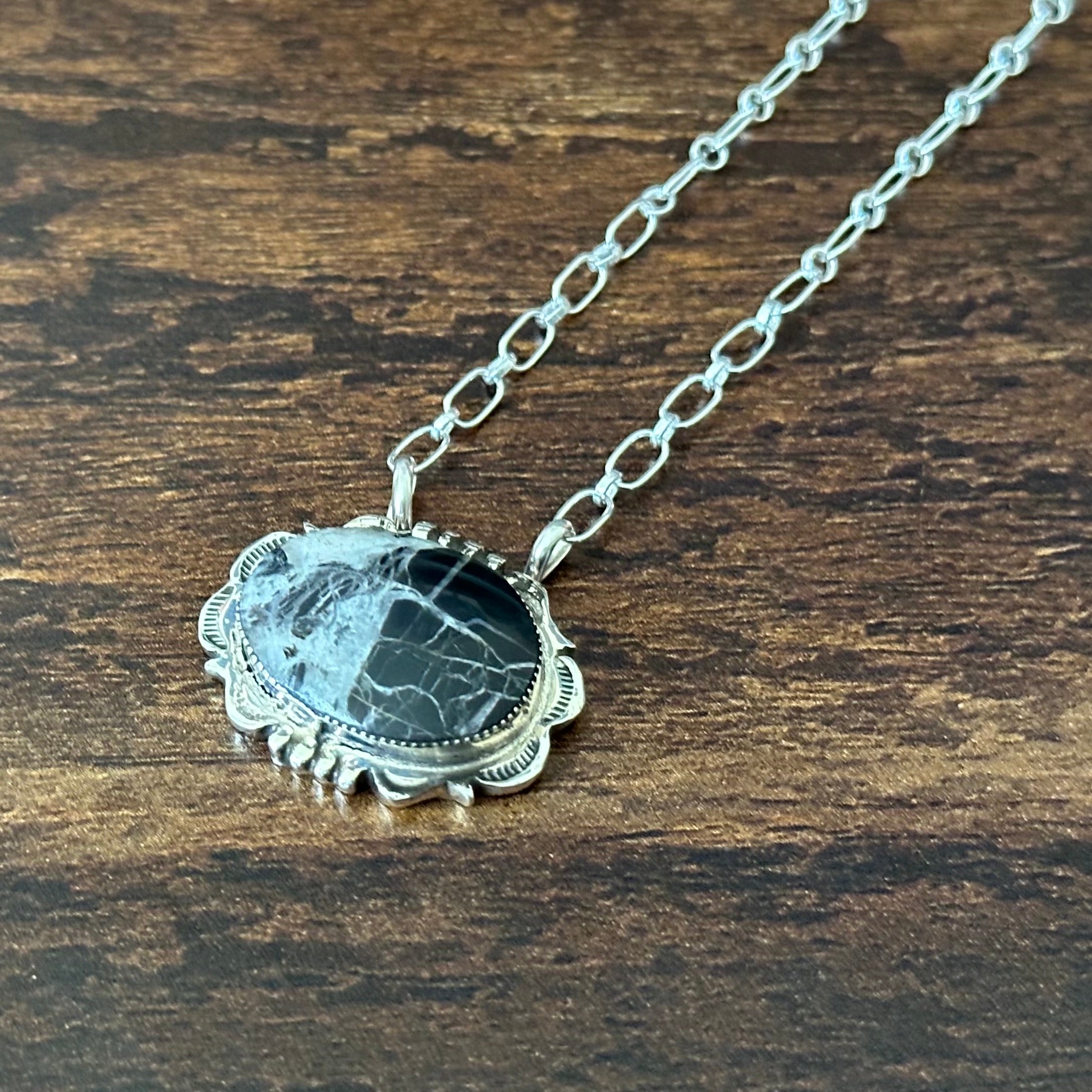 Navajo Leroy Silversmith White Buffalo Sterling Hand Stamped Pendant Necklace