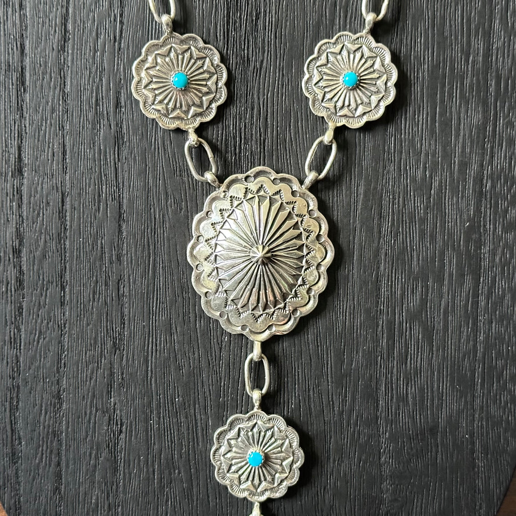 Running Bear Trading Turquoise 13 Stone Sterling Hand Stamped Concho Lariat Necklace