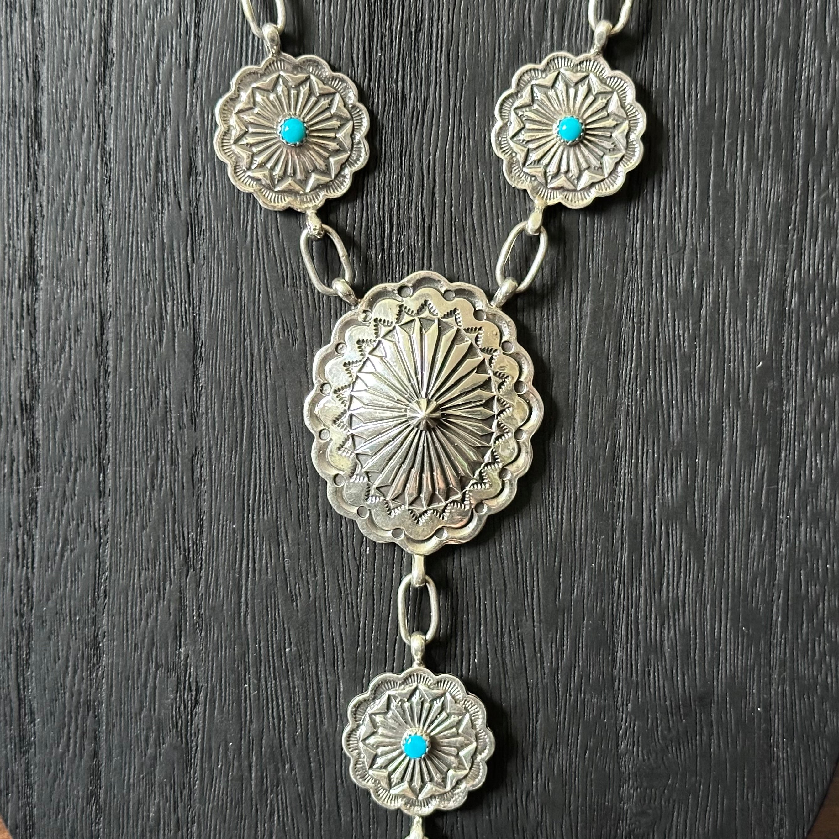 Running Bear Trading Turquoise 13 Stone Sterling Hand Stamped Concho Lariat Necklace