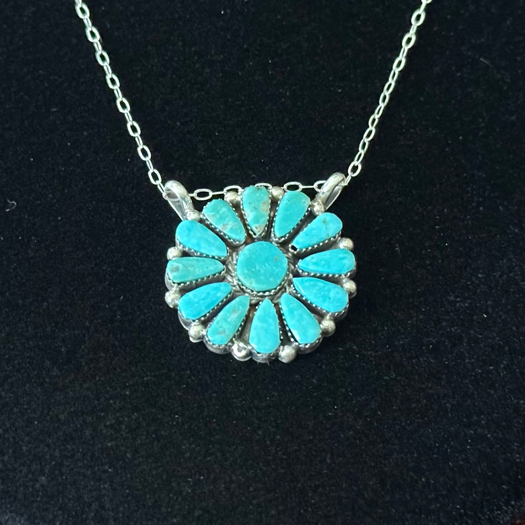 Navajo Jimmy Garcia Kingman Turquoise 13 Stone Sterling Petite Point Cluster Pendant Necklace