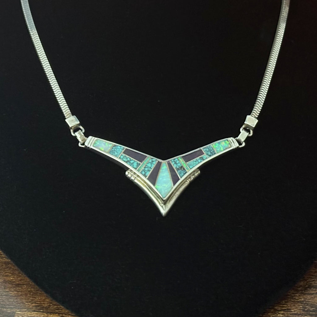 H Signed Supersmith Inc. Turquoise Sugilite Opal Sterling Inlay Chevron Necklace Earrings Set