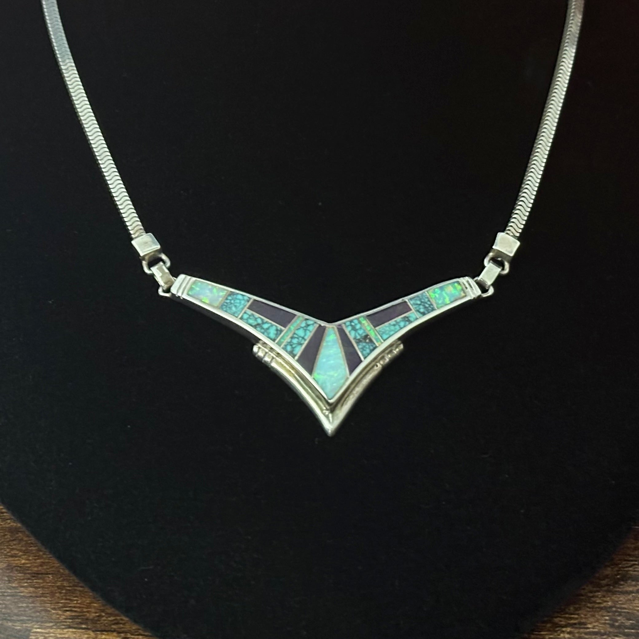 H Signed Supersmith Inc. Turquoise Sugilite Opal Sterling Inlay Chevron Necklace Earrings Set