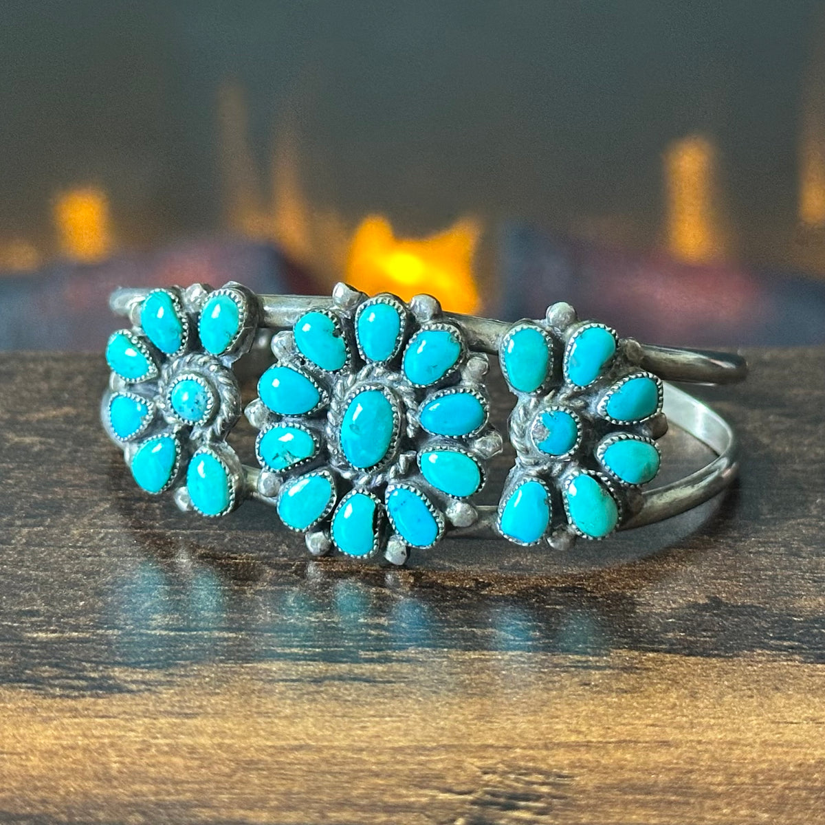 Vintage Turquoise 25 Stone Sterling Petite Point Floral Cluster Cuff