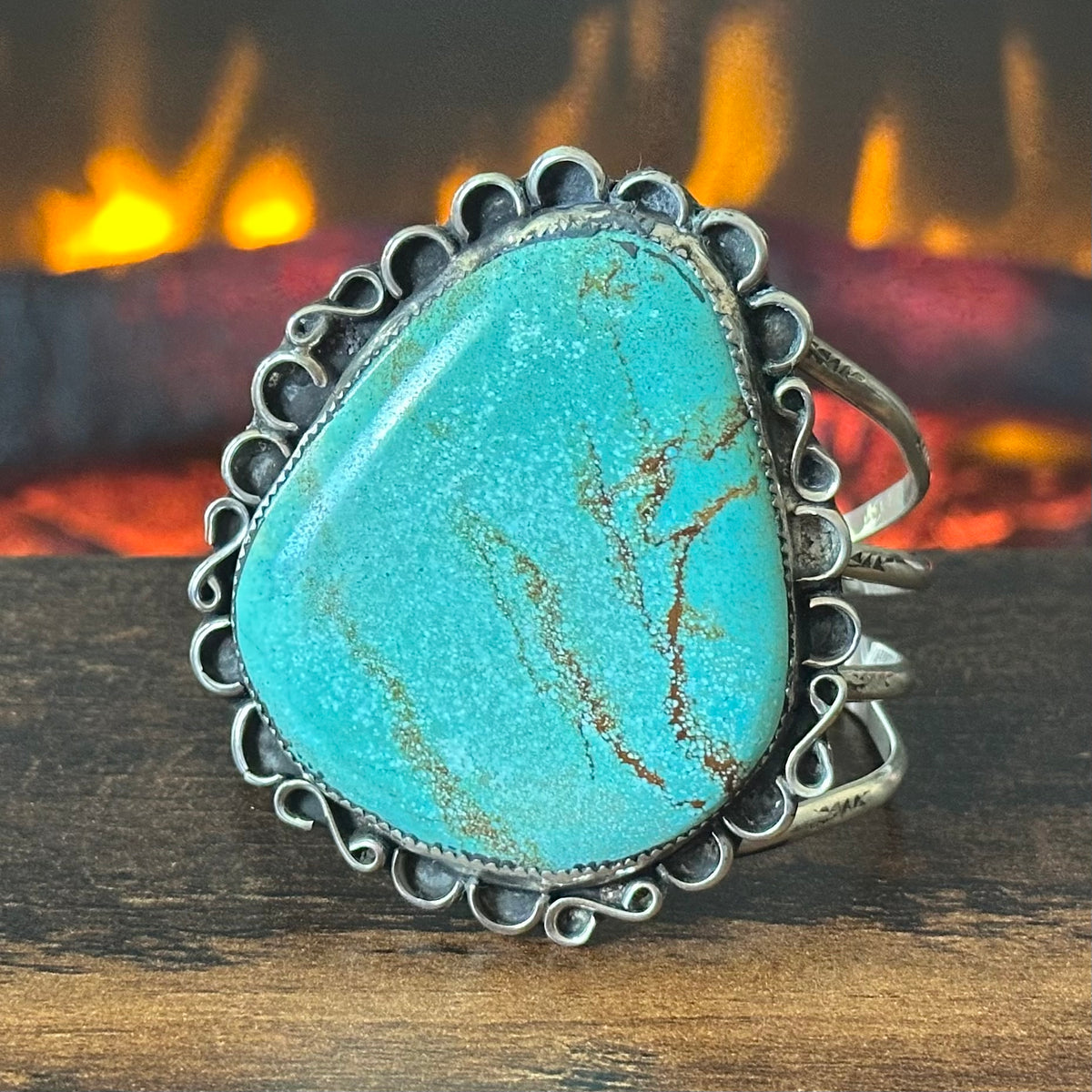 Vintage Turquoise Sterling Hand Stamped Floral Statement Cuff