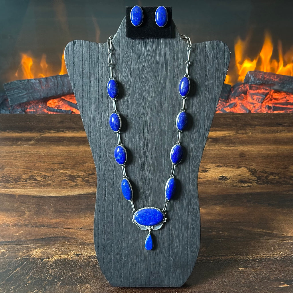 Navajo Ross Steven Lapis 10 Stone Sterling Teardrop Statement Necklace Earrings Set