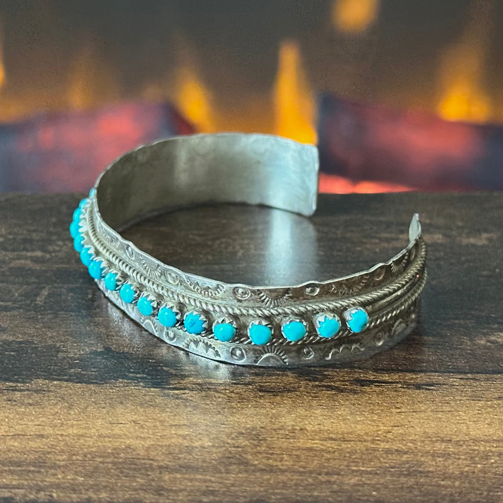 Zuni Jason & Pearl Ukestine Turquoise 21 Stone Sterling Hand Stamped Snake Eye Stacker Cuff