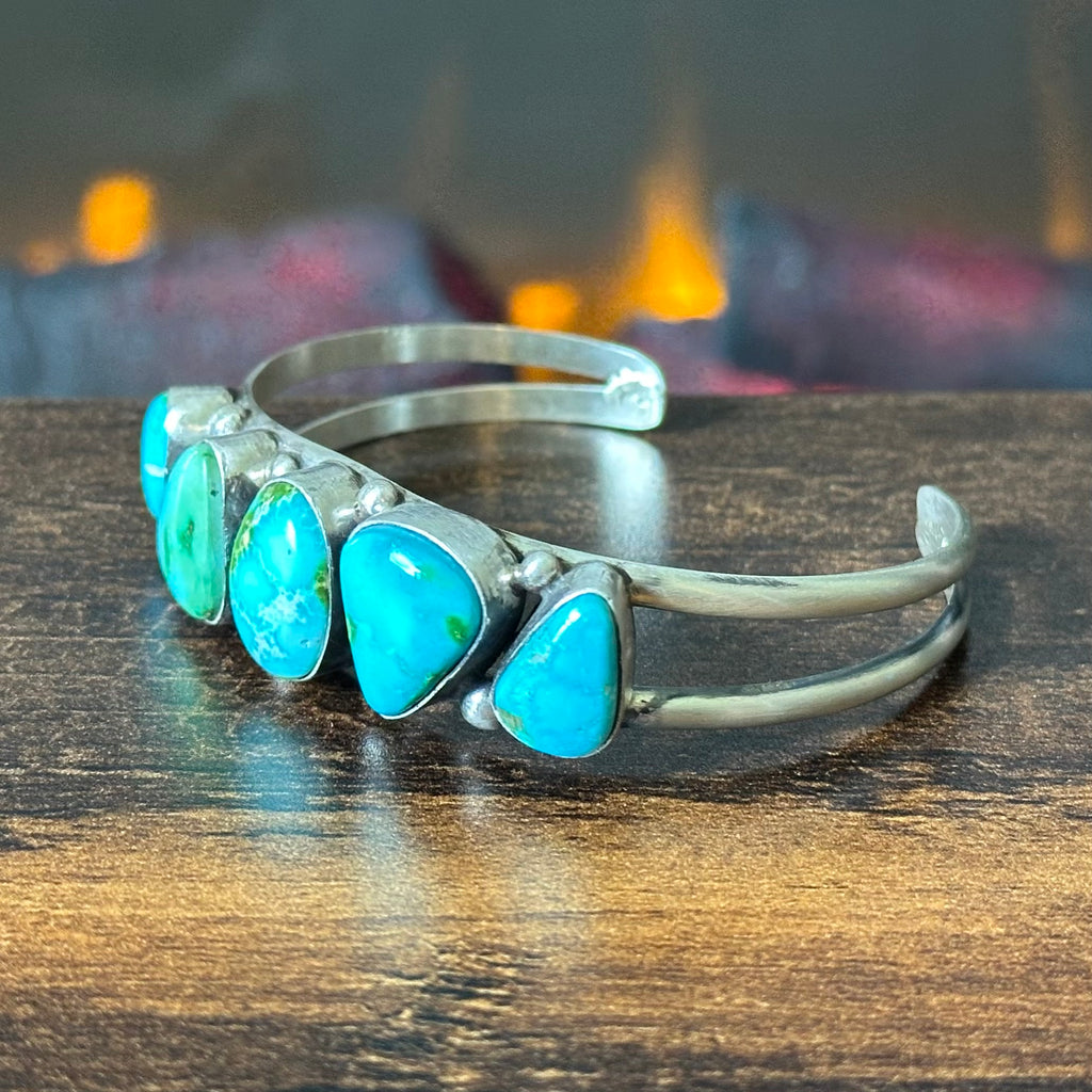 Navajo Augustine Largo Sonoran Gold Turquoise Sterling 5 Stone Raindrop Cuff