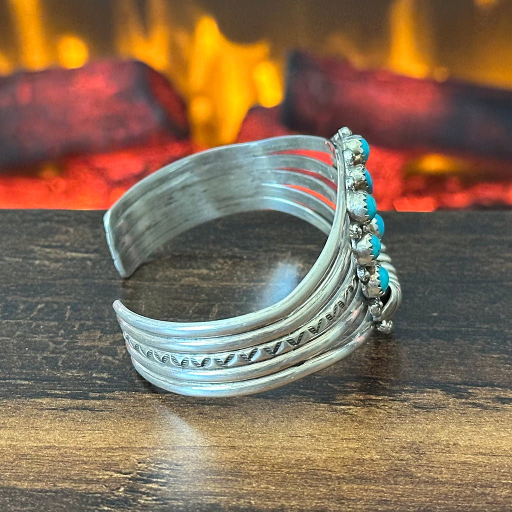Navajo Nora Tsosie Turquoise 44 Stone Sterling Hand Stamped Petite Point Naja Statement Necklace Earrings Cuff Set