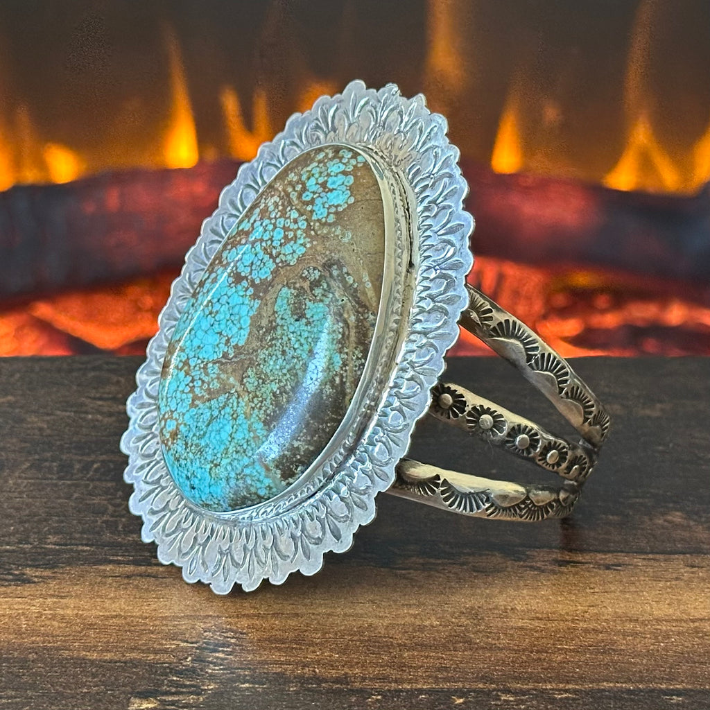 San Felipe Jacob Troncosa Turquoise Sterling Hand Stamped Statement Cuff