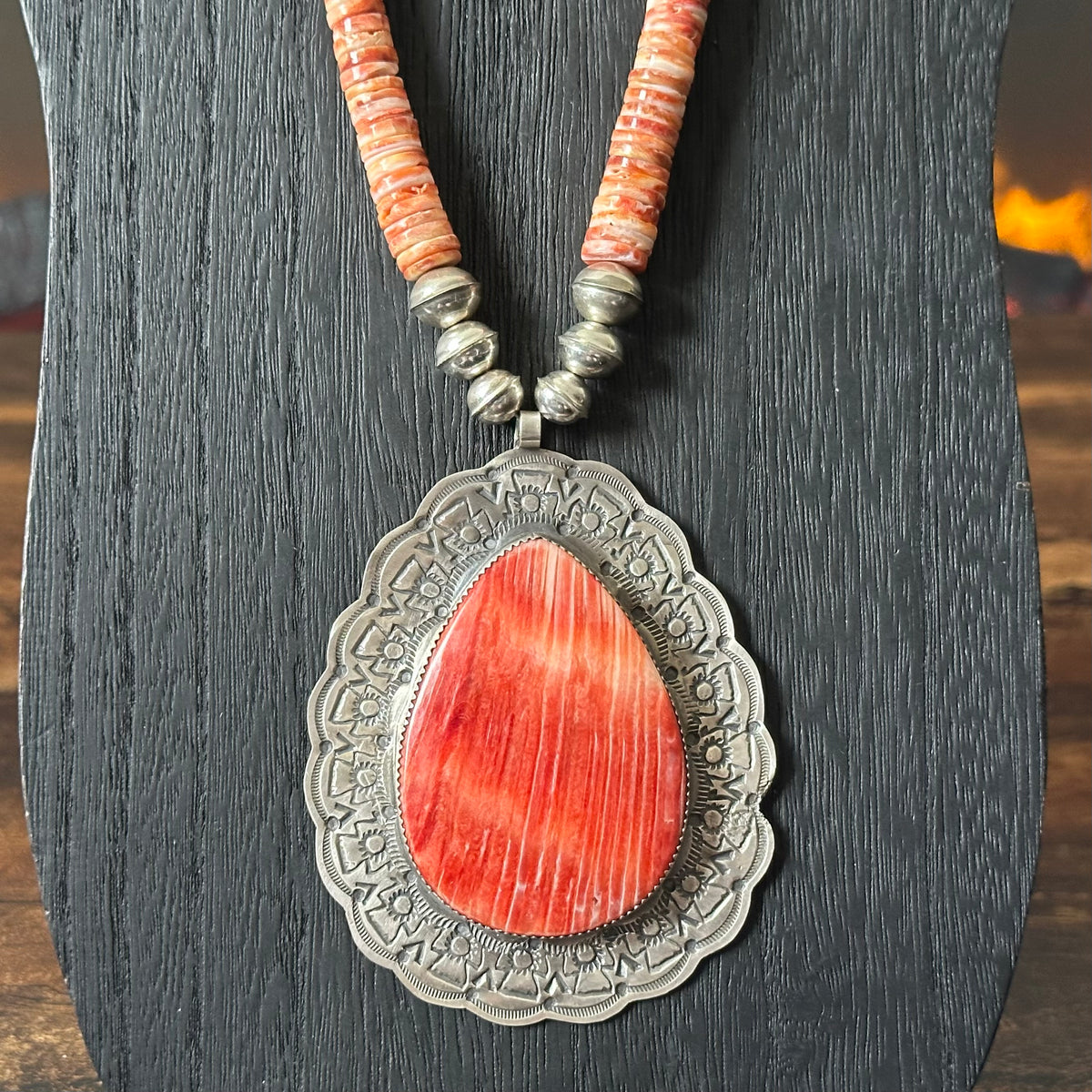 Navajo Tawney Willie Orange Spiny Oyster Sterling Hand Stamped Heishi Statement Necklace