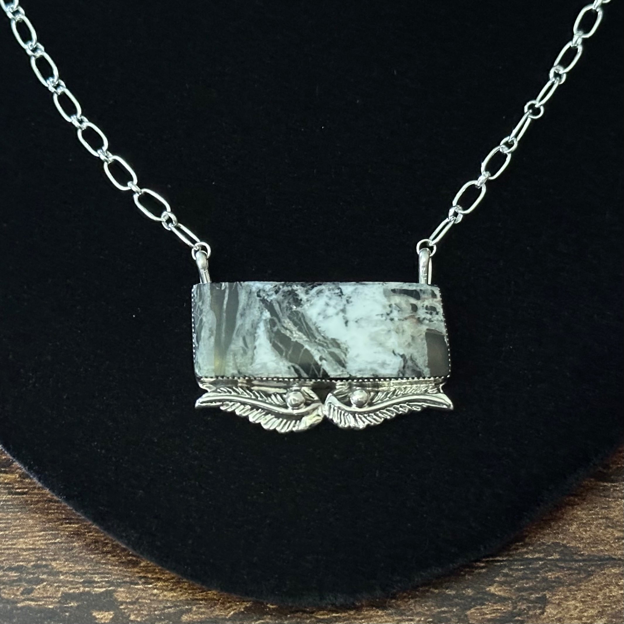 Navajo Gregg Yazzie White Buffalo Sterling Feather Bar Pendant Necklace