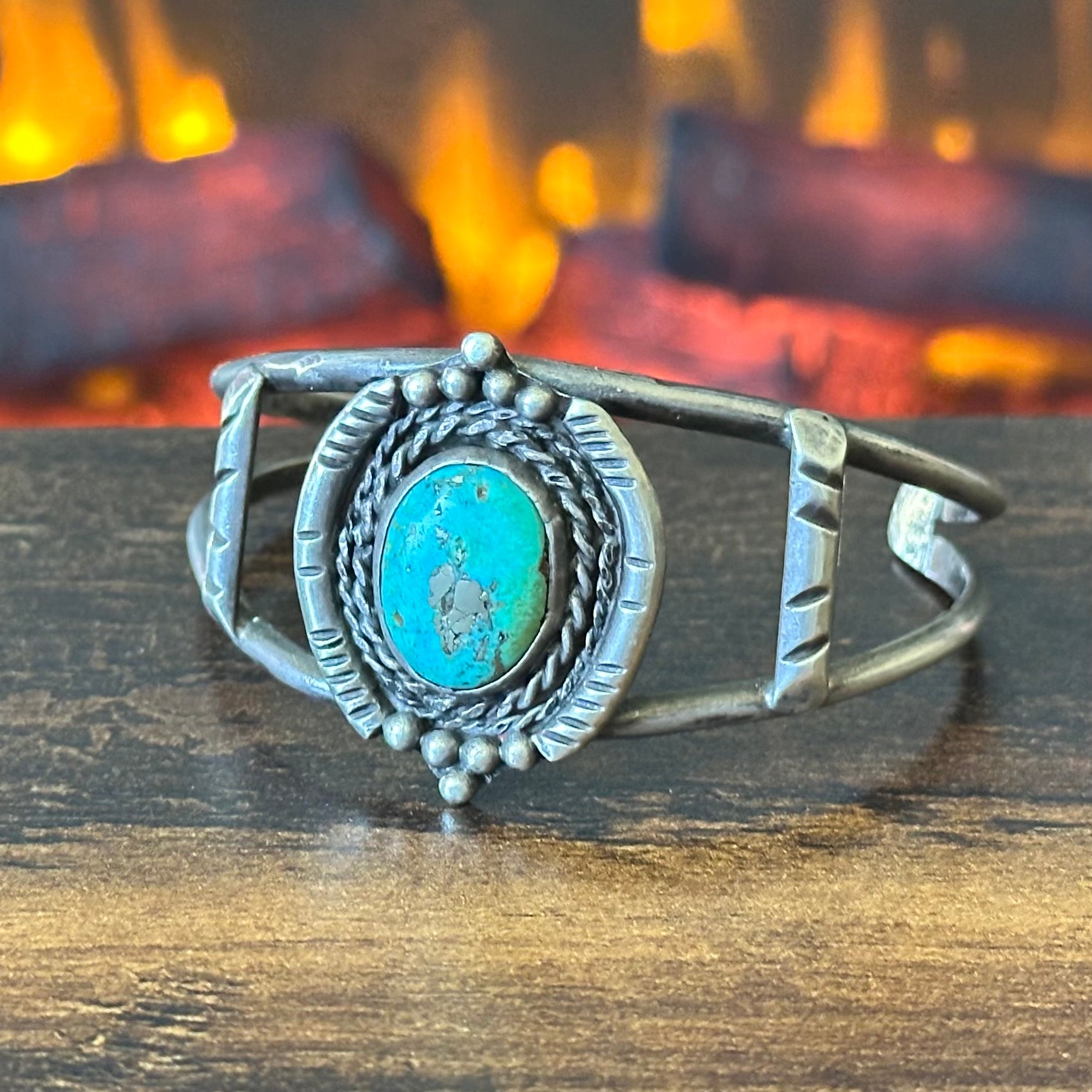 Turquoise Sterling Dual Twist Wire Bezel Hand Stamped Raindrop Cuff