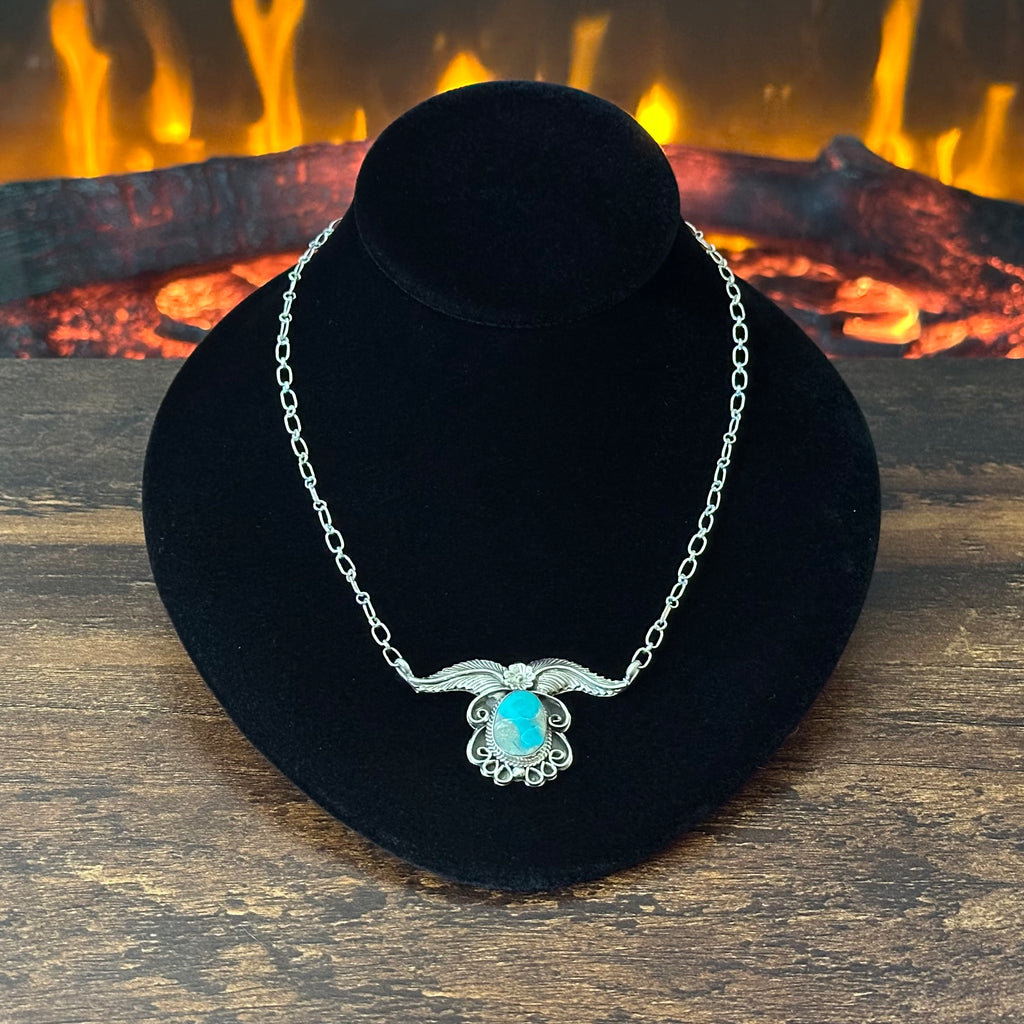 Navajo Gregg Yazzie Turquoise Sterling Twist Wire Feather Pendant Necklace