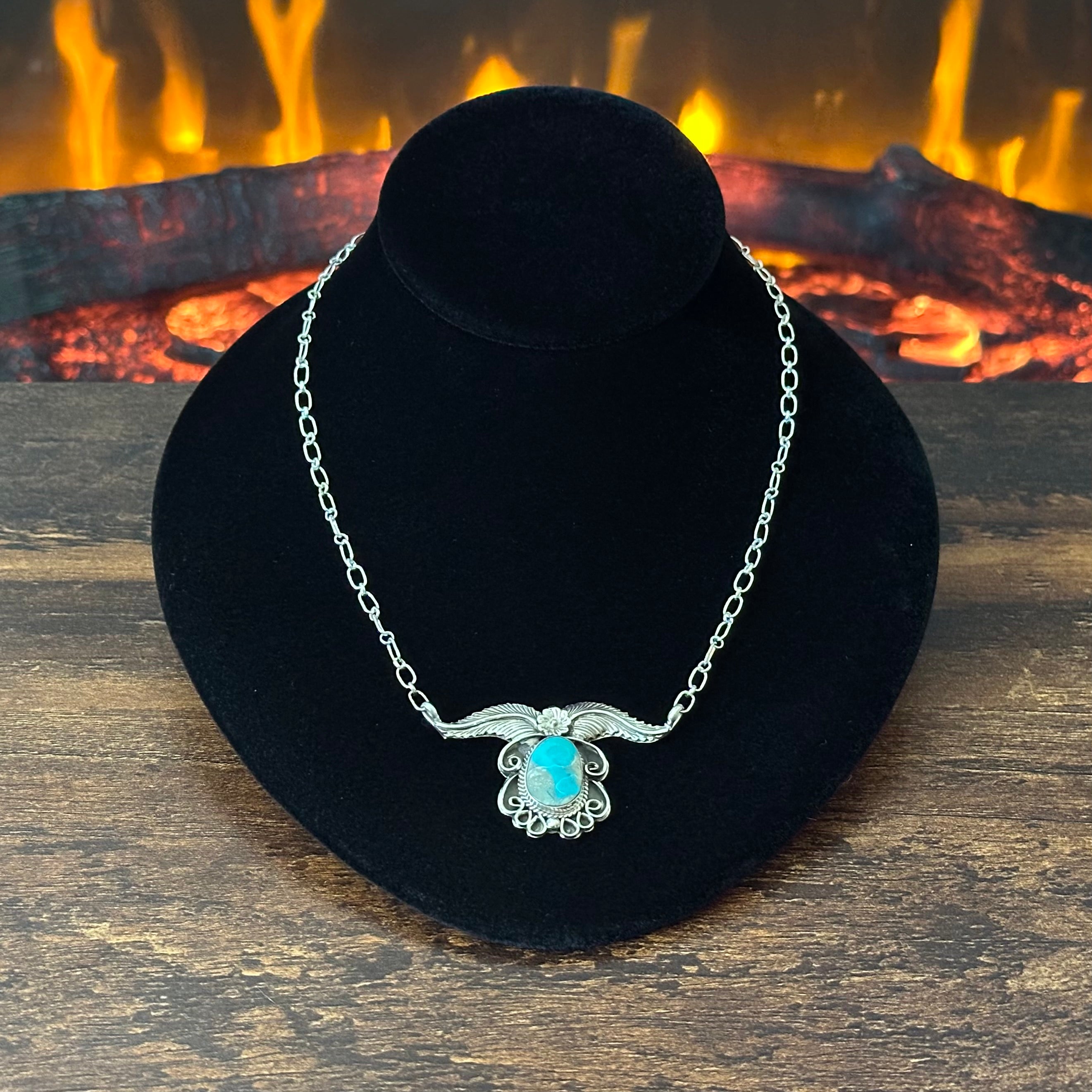 Navajo Gregg Yazzie Turquoise Sterling Twist Wire Feather Pendant Necklace