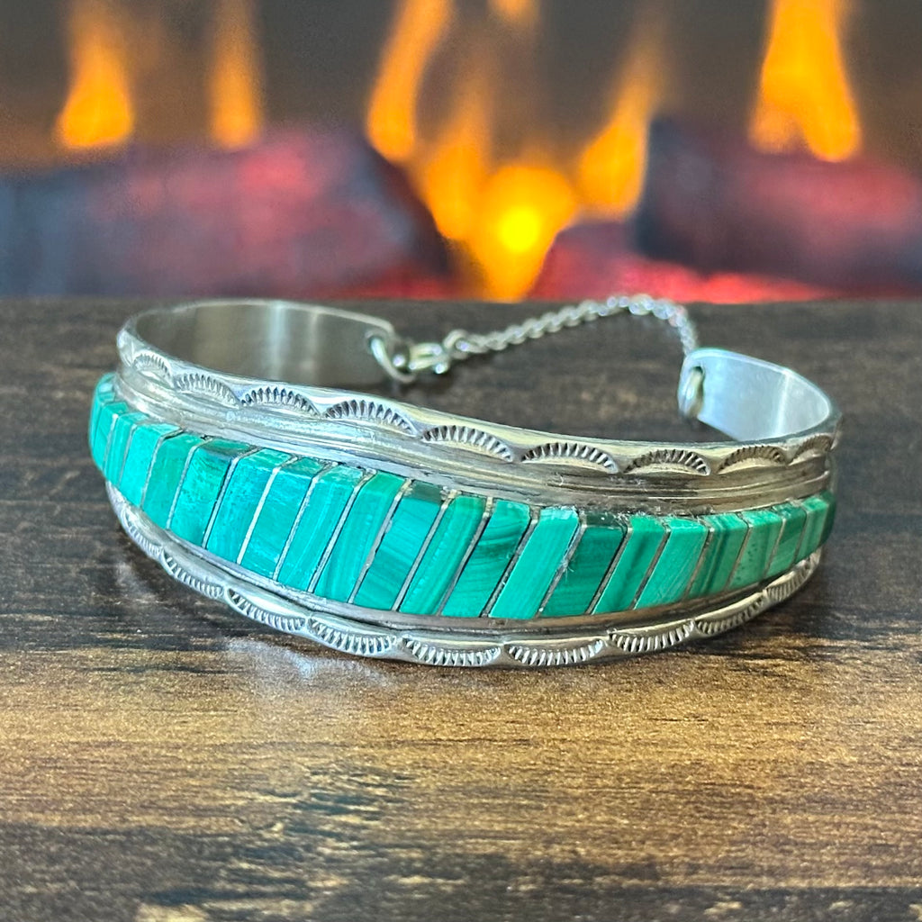 Zuni Eldred & Charlotte Seoutewa Malachite Sterling Hand Stamped Inlay Cuff w/ Chain
