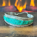 Zuni Eldred & Charlotte Seoutewa Malachite Sterling Hand Stamped Inlay Cuff w/ Chain
