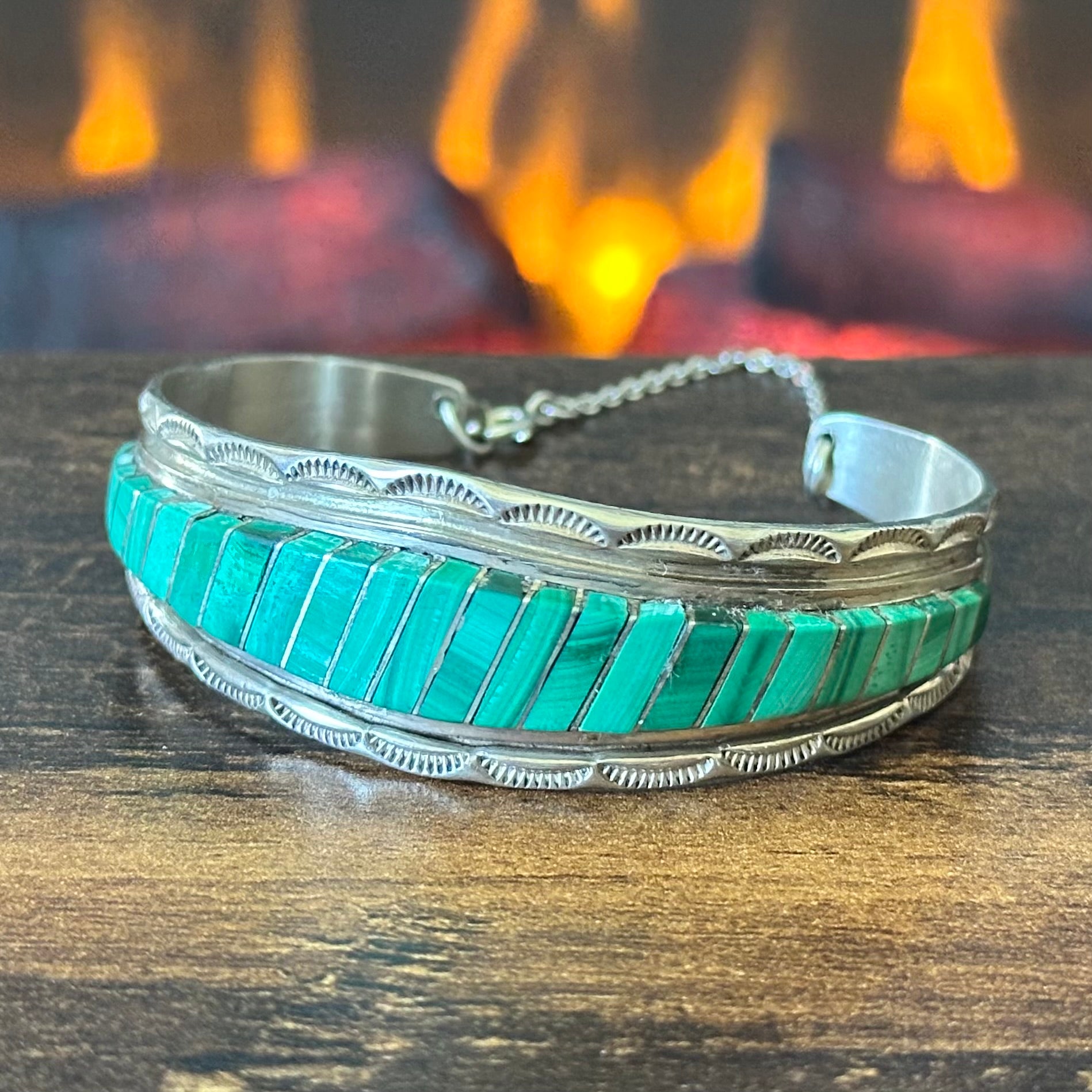 Zuni Eldred & Charlotte Seoutewa Malachite Sterling Hand Stamped Inlay Cuff w/ Chain