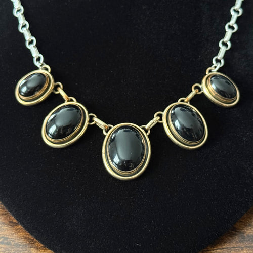 KB Signed Onyx 5 Stone Sterling 12k Gold Filled Station Necklace Clip-On Earrings Set