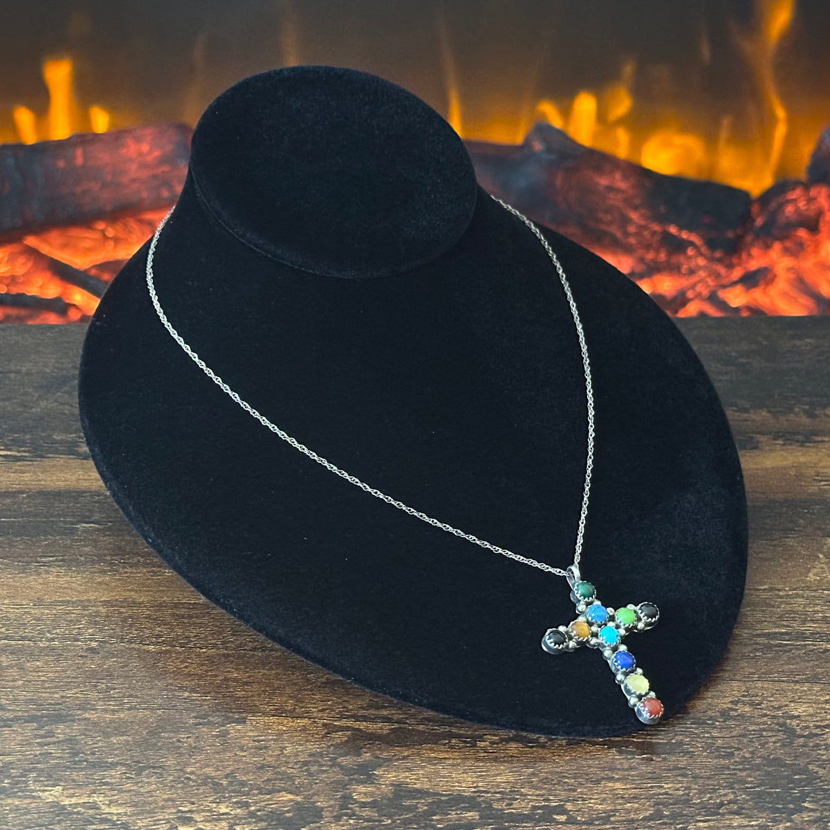 Navajo Lenora Begay Turquoise Lapis Onyx Sodalite Gaspeite Malachite Tigers Eye 10 Stone Sterling Cross Pendant Necklace