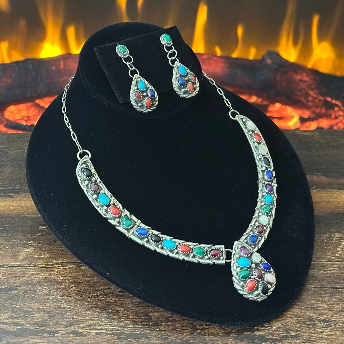 P.A. Signed Turquoise Amethyst Red Coral Garnet Mother of Pearl Malachite Lapis 31 Stone Sterling Hand Stamped Teardrop Necklace Earrings Set