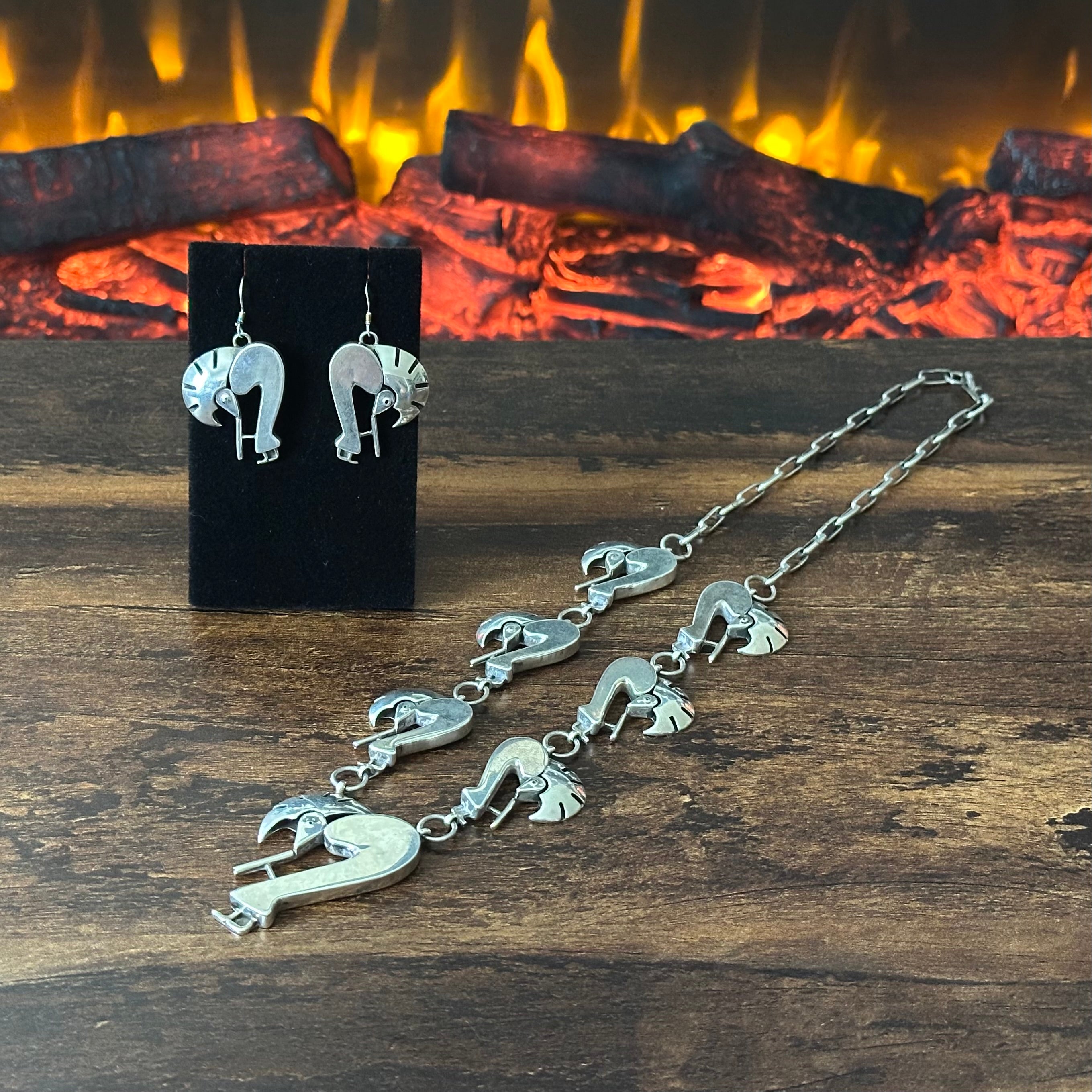 Navajo Walter Vandever Sterling Abstract Kokopelli Station Necklace Earrings Set
