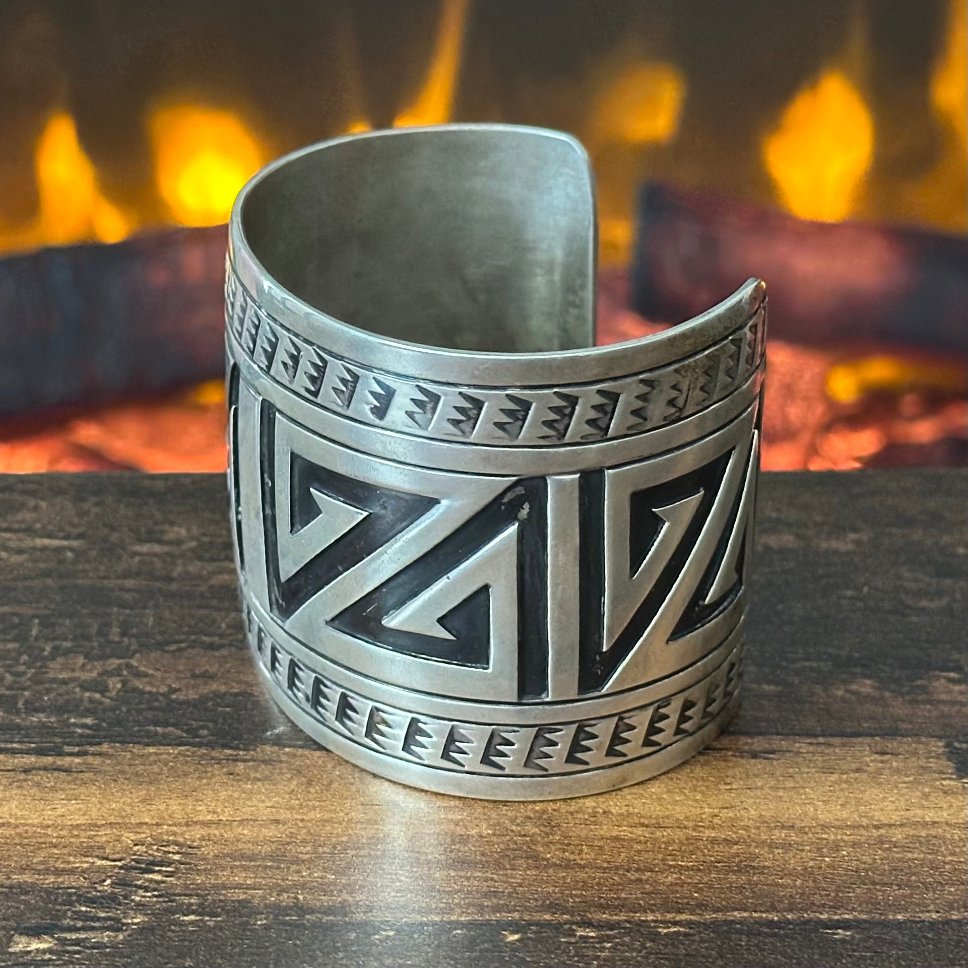 Navajo Charlie Bowie Hand Stamped Sterling Overlay Statement Cuff
