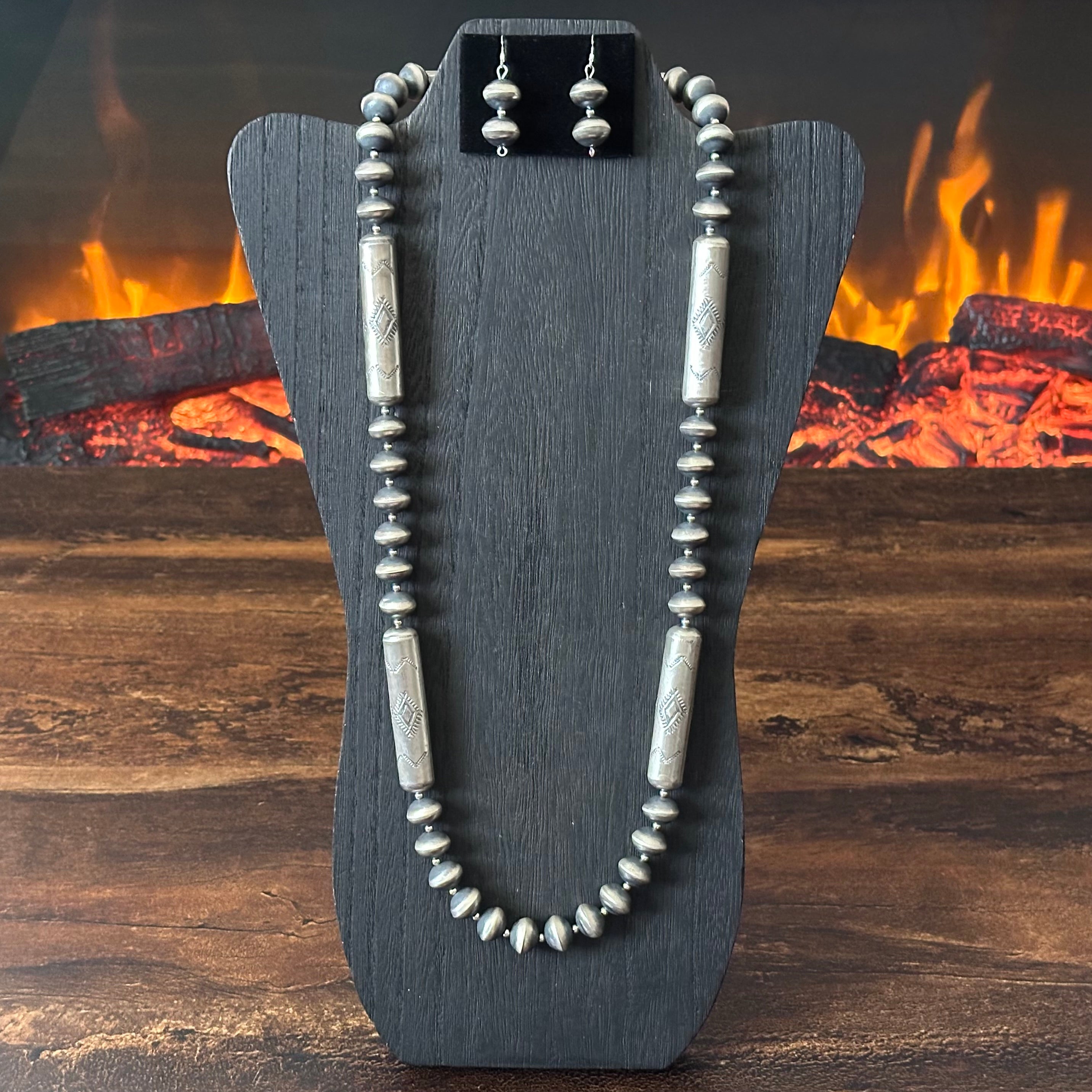 Navajo Sharon Cooley Sterling Handmade Stamped Cylinder Bead Necklace Earrings Set