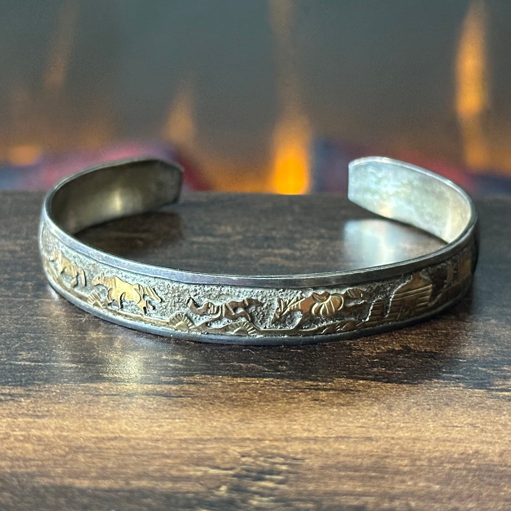 Navajo Tom & Sue Kee Vintage Sterling Gold Filled Horse Storyteller Cuff
