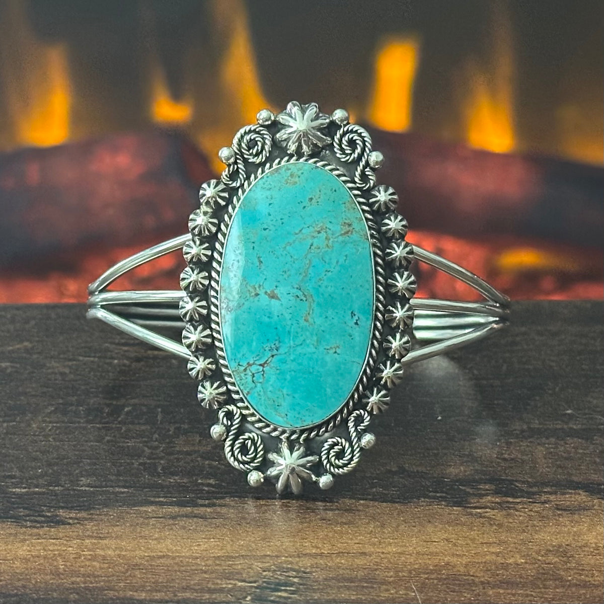Navajo Jennifer Calladitto Turquoise Sterling Twist Wire Bezel Statement Cuff