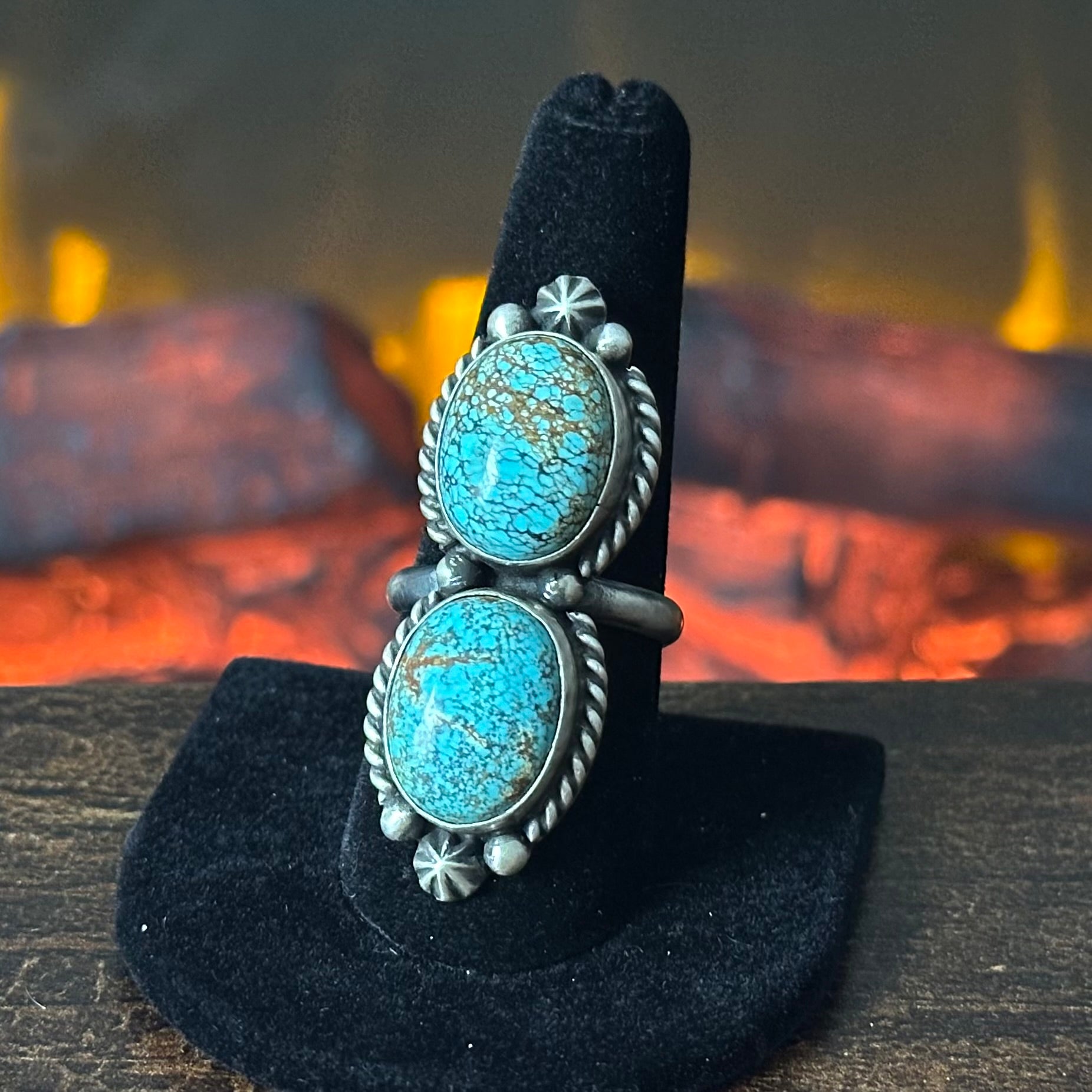 Navajo Johnny Dixon Mine #8 Turquoise Sterling Twist Wire Raindrop Ring