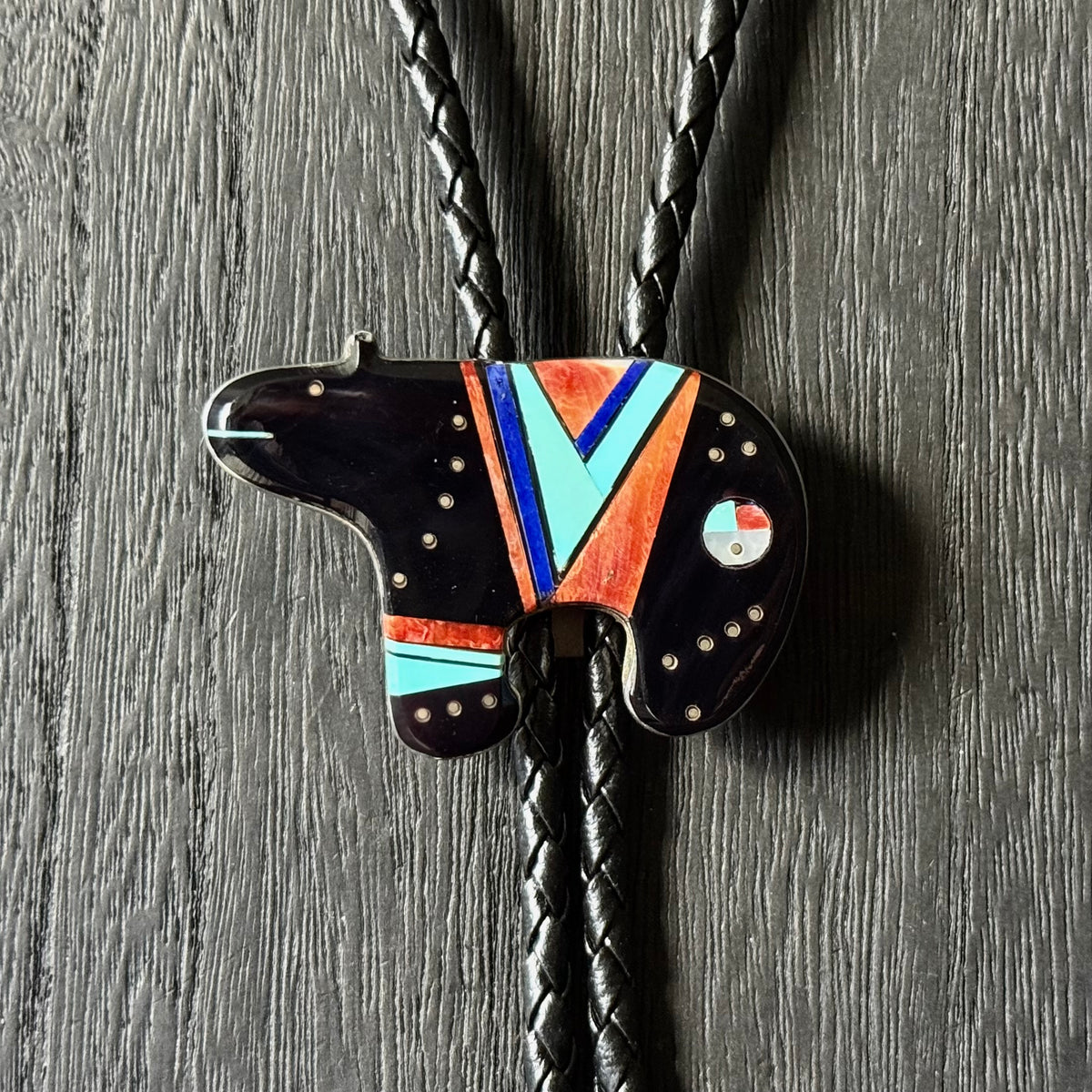 Navajo Gilbert Smith Turquoise Onyx Spiny Oyster Mother of Pearl Lapis Sterling Bear Micro Inlay Bolo