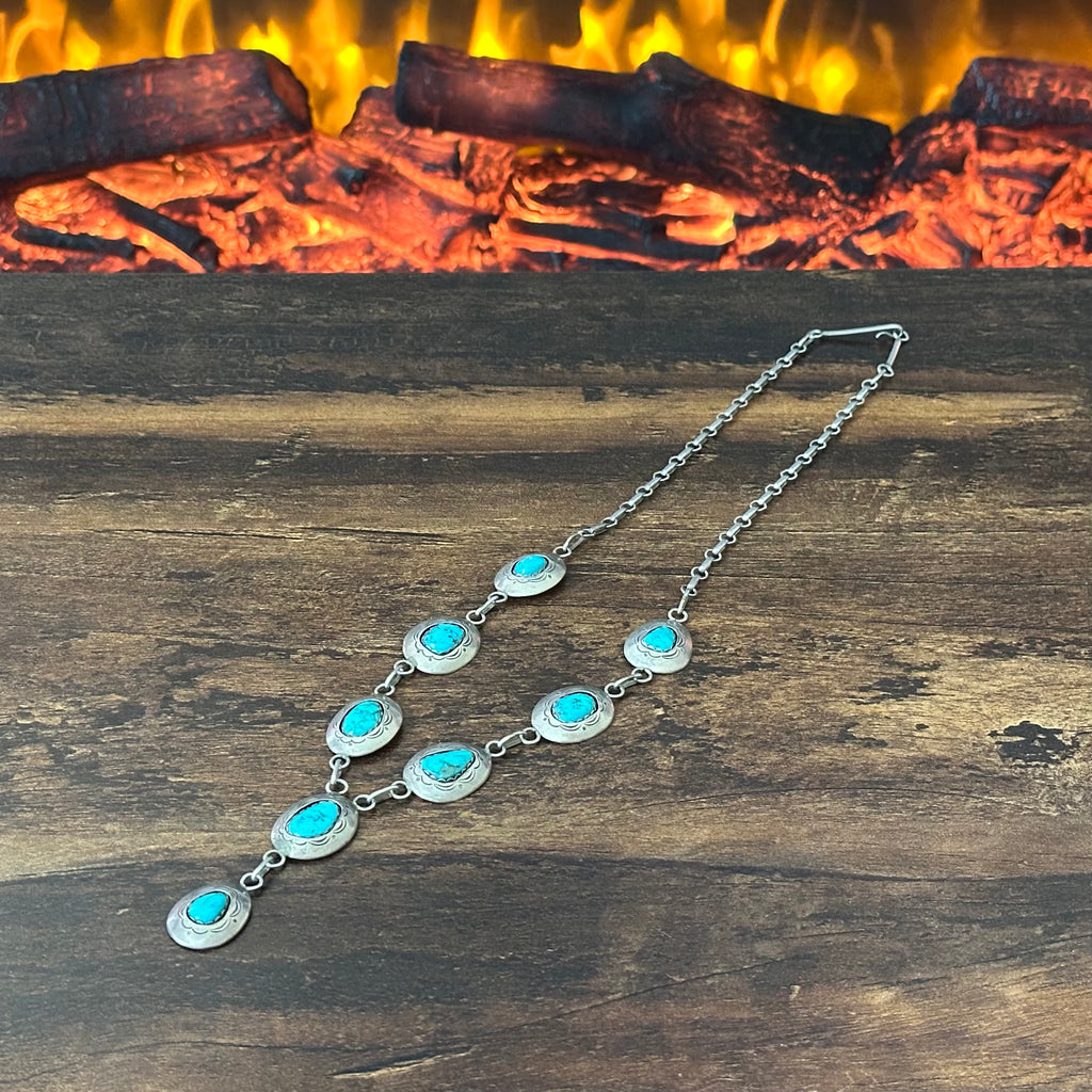 Navajo Jefferson James Turquoise 8 Stone Sterling Hand Stamped Shadowbox Lariat Necklace