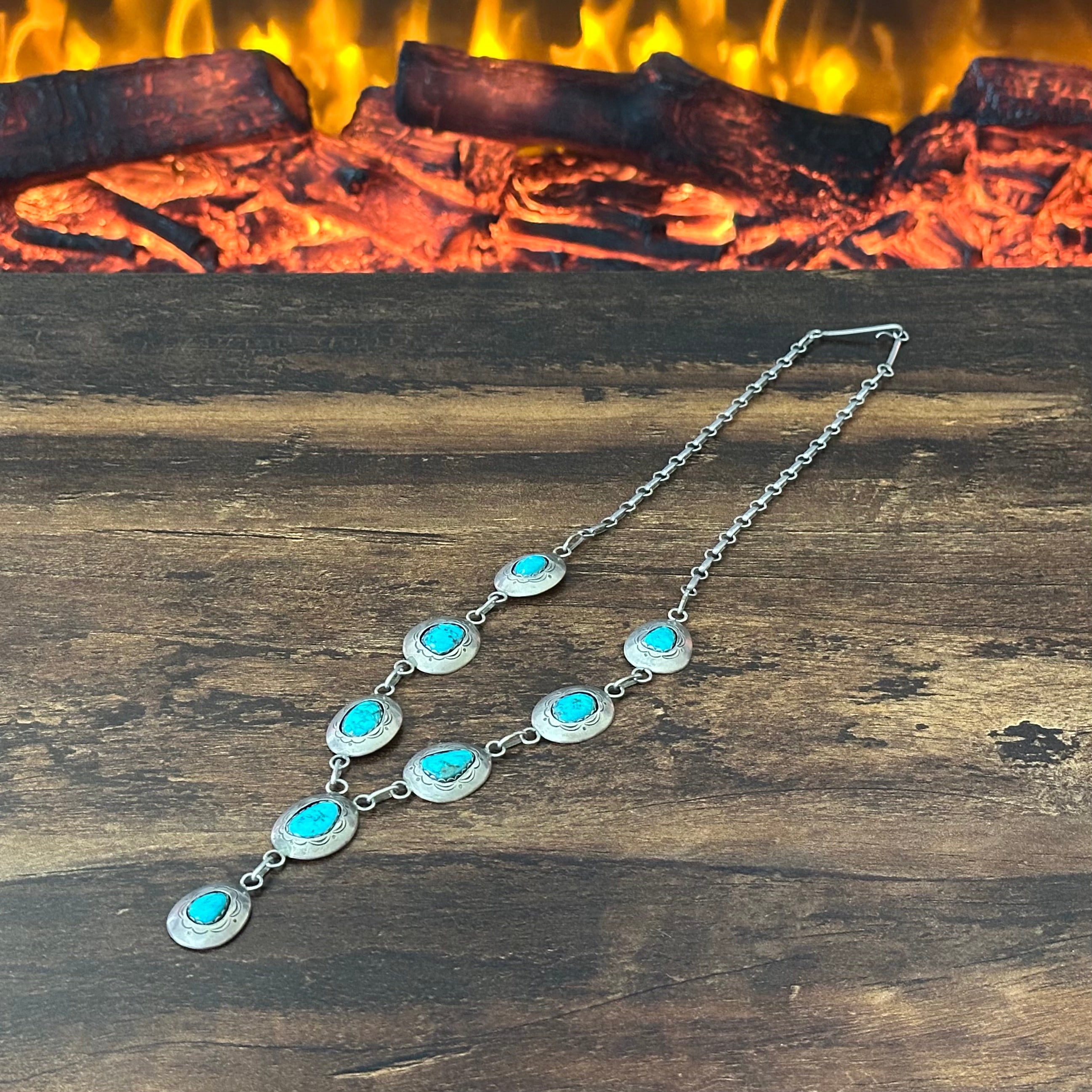 Navajo Jefferson James Turquoise 8 Stone Sterling Hand Stamped Shadowbox Lariat Necklace