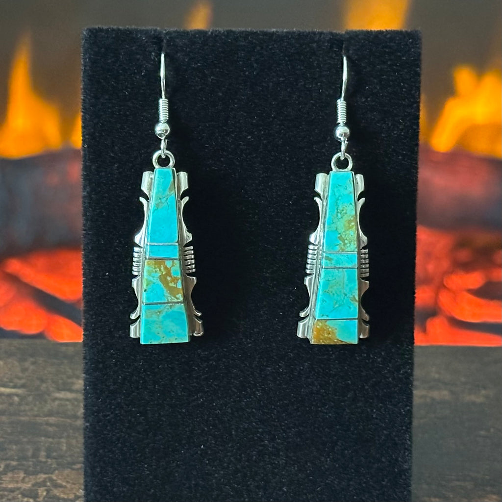 Navajo Steve Francisco Mine #8 Turquoise Sterling Inlay Dangle Earrings