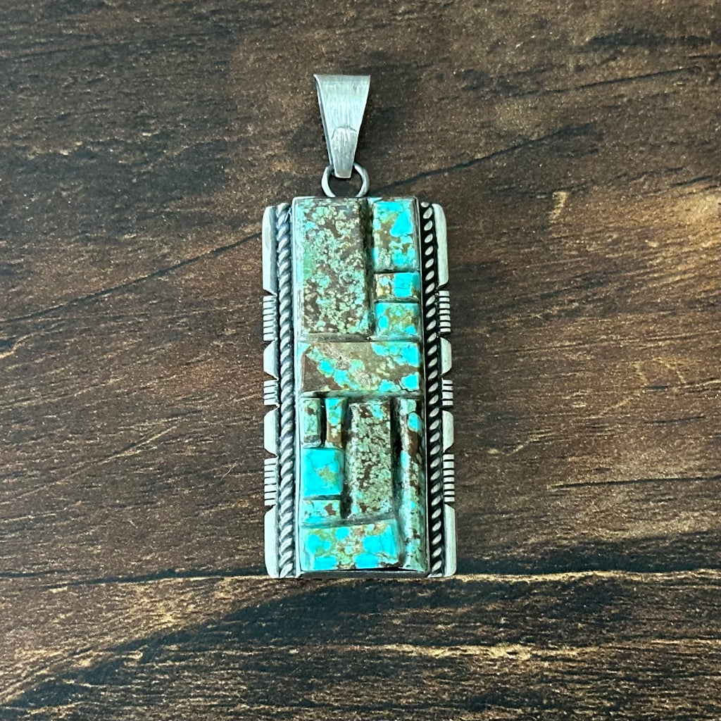 Navajo Steve Francisco Mine #8 Turquoise Sterling Twist Wire Cobblestone Inlay Statement Pendant