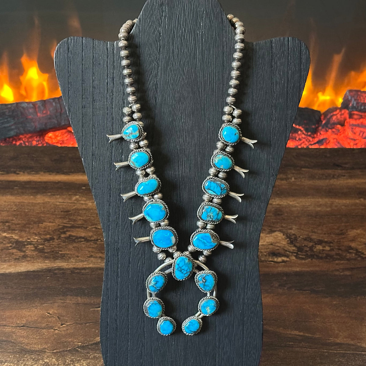 Vintage Turquoise 17 Stone Sterling Twist Wire Bezel Squash Blossom