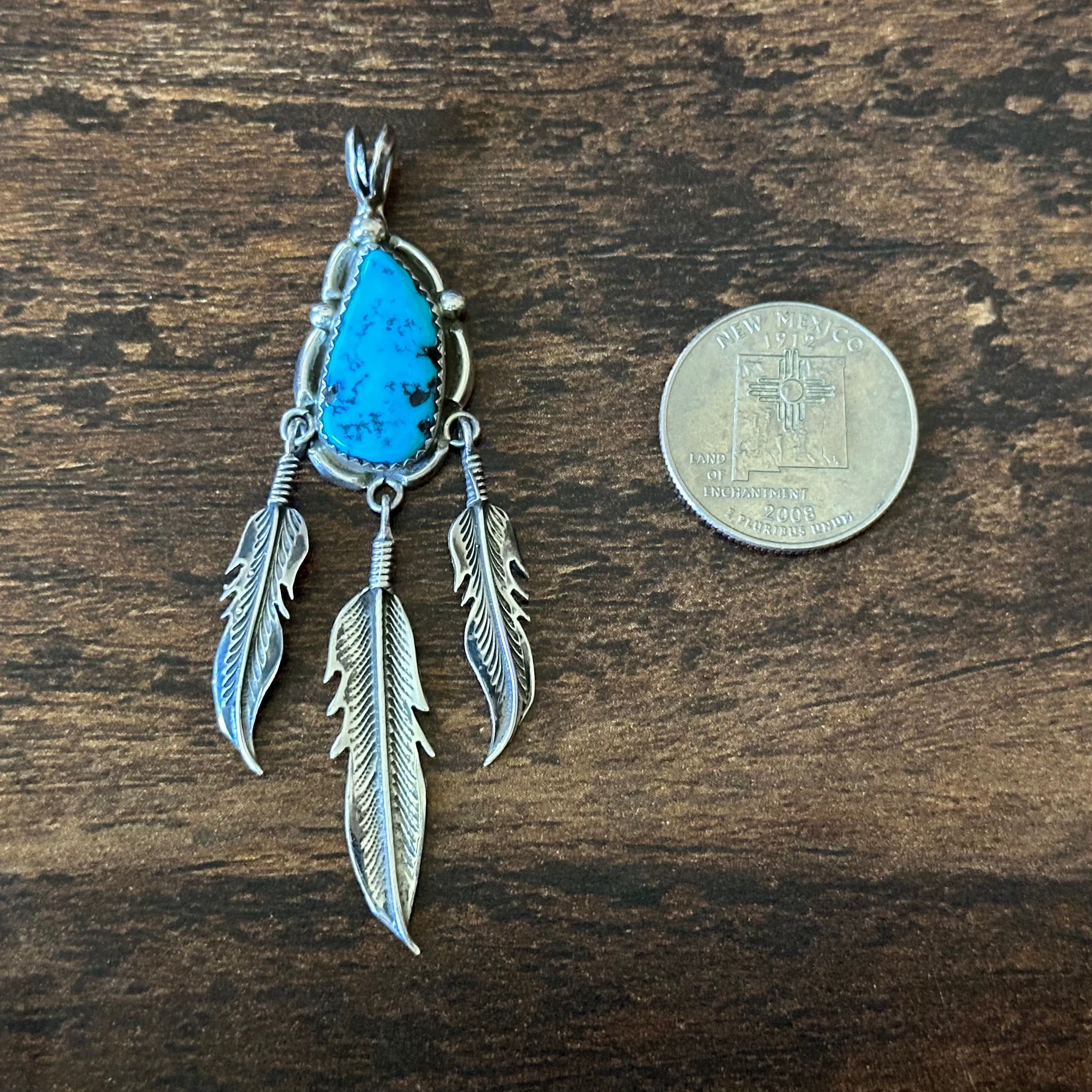 Turquoise Sterling Triple Feather Pendant
